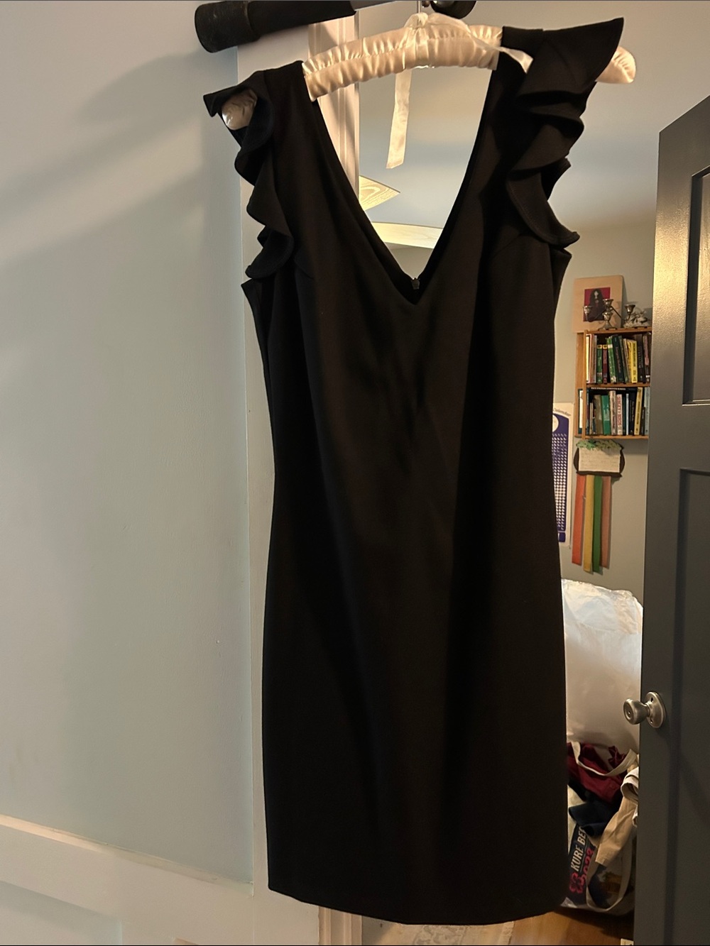 Amanda Uprichard Black Ruffle-Shoulder V-Neck Mini Dress
